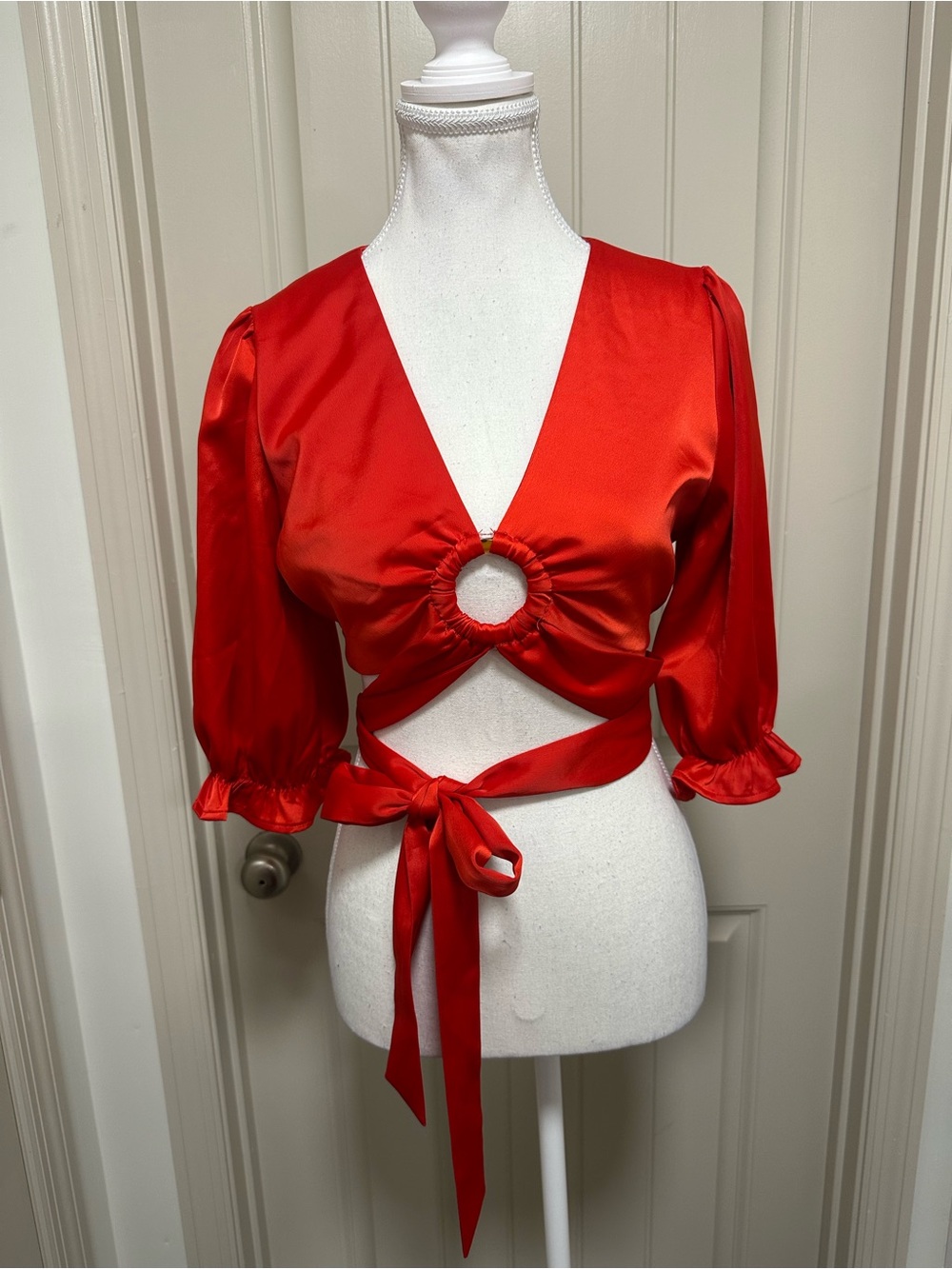 Red Satin Wrap Crop Top with Ring Detail